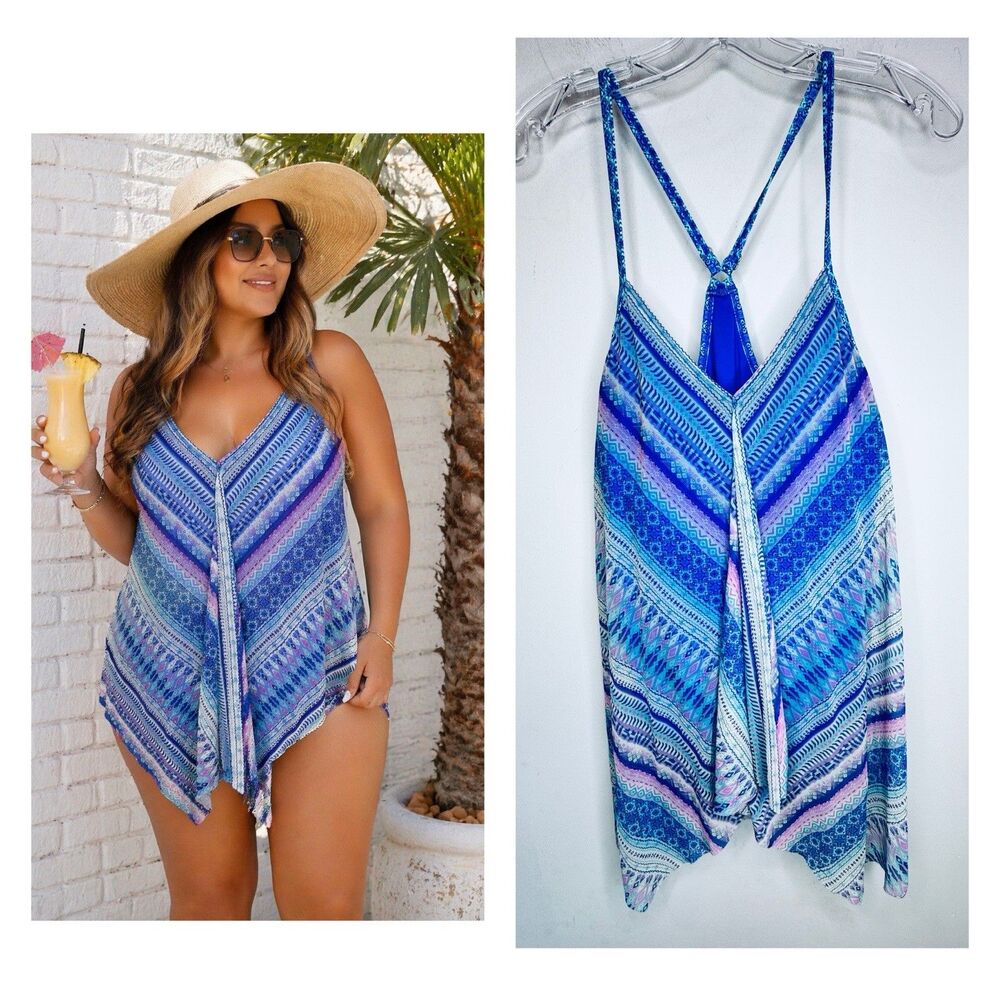 Beach House Tankini Swimsuit Women’s Size 12 Boho Tribal UPF 50+ Mesh Dress